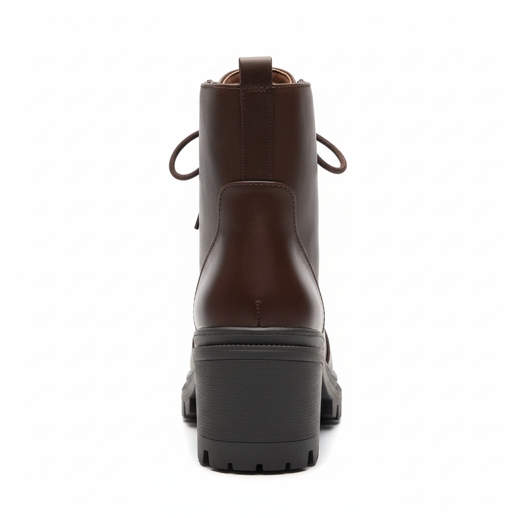 Women's brown combat ankle boots back view - heel and silhouette