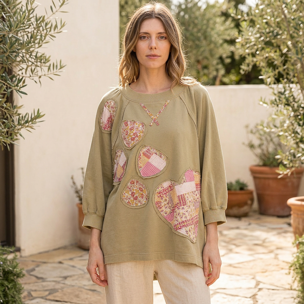 Blue Velvet sage heart patchwork sweatshirt on model in sunlit courtyard, front view showing floral heart appliques