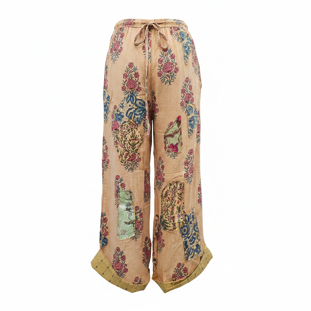Women's golden peach floral patchwork palazzo pant back view, drawstring waist ties, mustard hem cuff, crinkled cotton, one-size