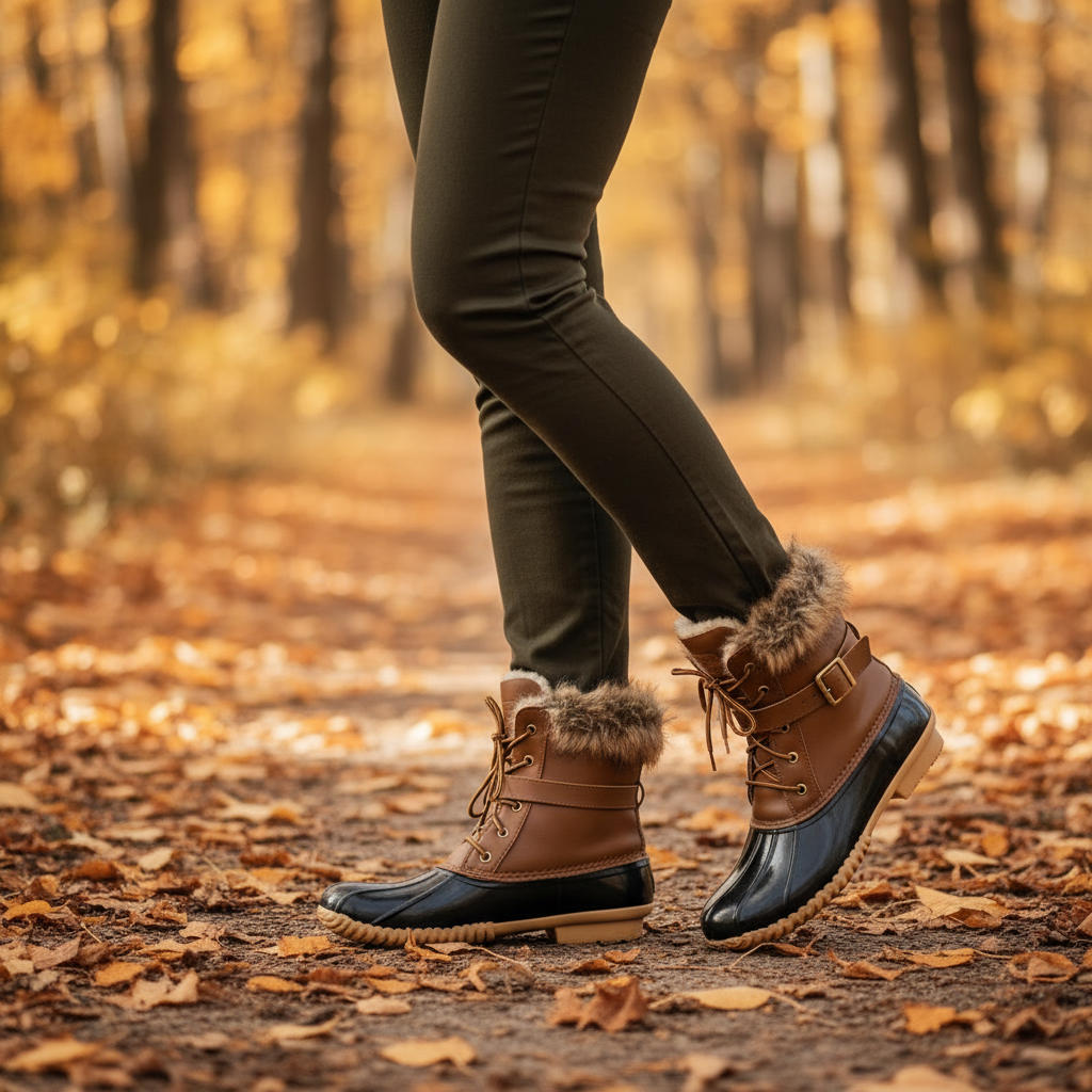 Women's tan waterproof duck boots, faux fur collar, lace-up upper, walking on autumn leaf-covered path