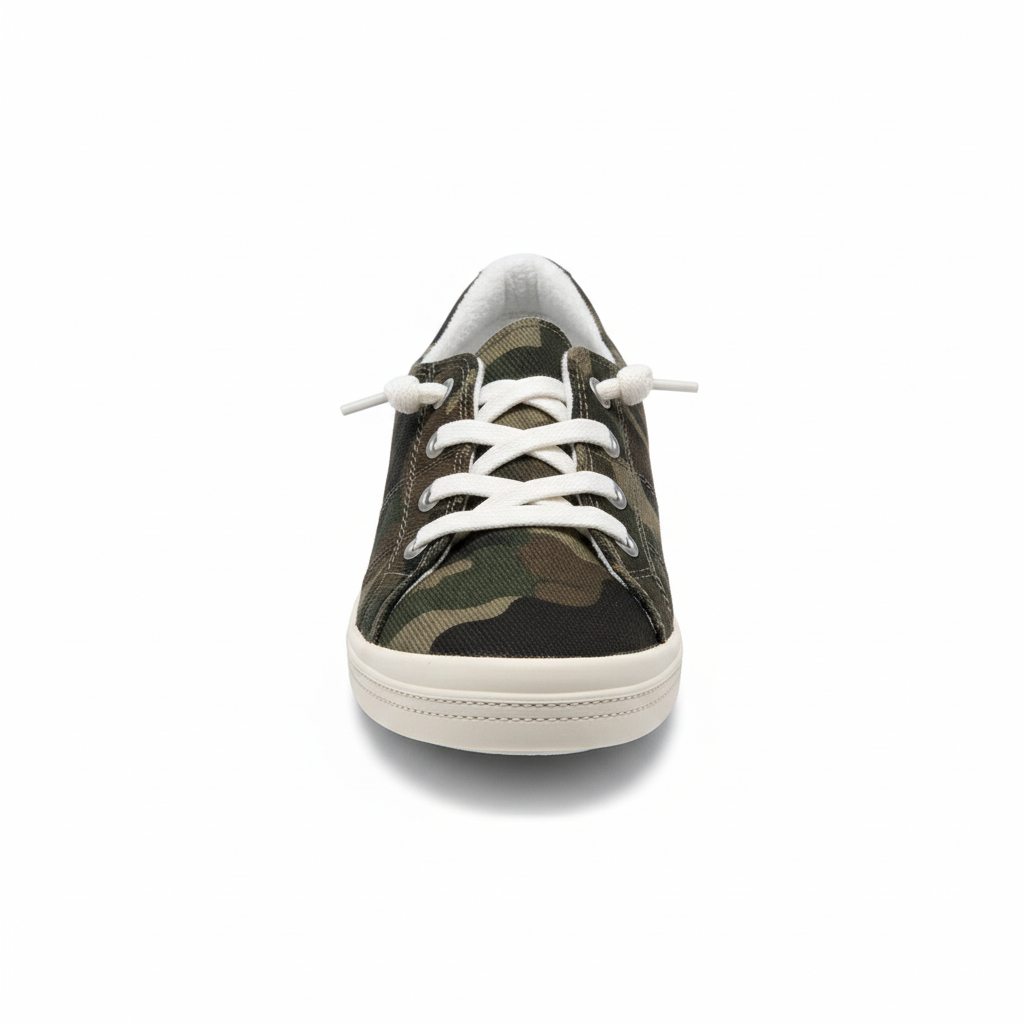 Women's camouflage canvas sneakers front view - lace-up comfort shoes with white sole