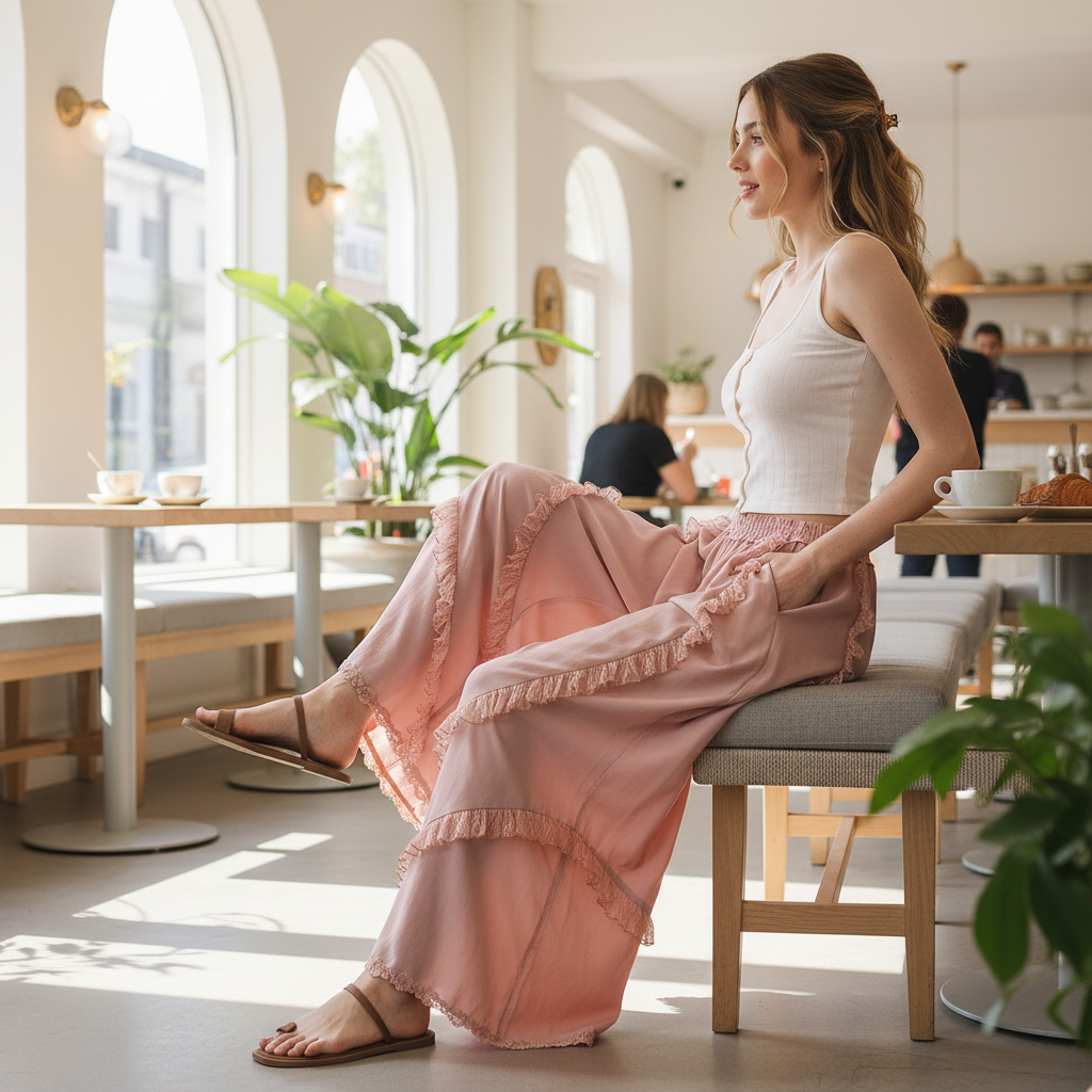 Bluevelvet women's blush pink ruffle wide leg pants seated brunch cafe styling showing drape and lace trim