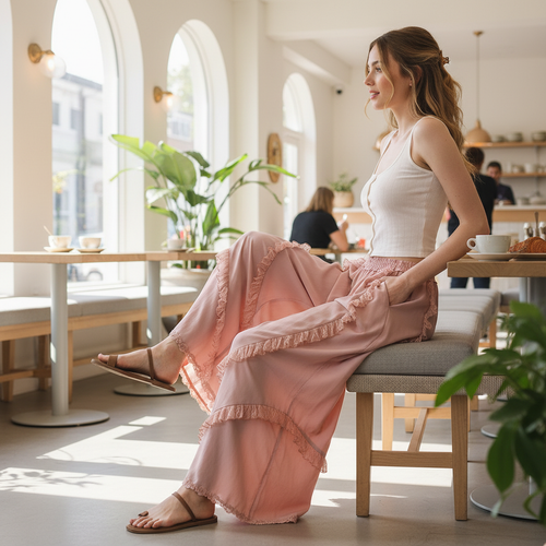 Bluevelvet women's blush pink ruffle wide leg pants seated brunch cafe styling showing drape and lace trim