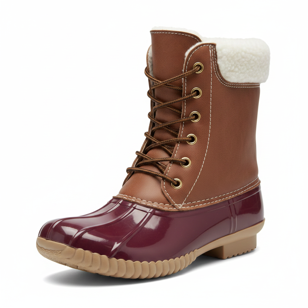 Women's bordeaux duck boot 3/4 angle showing brown lace-up upper, burgundy rubber shell, white sherpa trim - Yoki