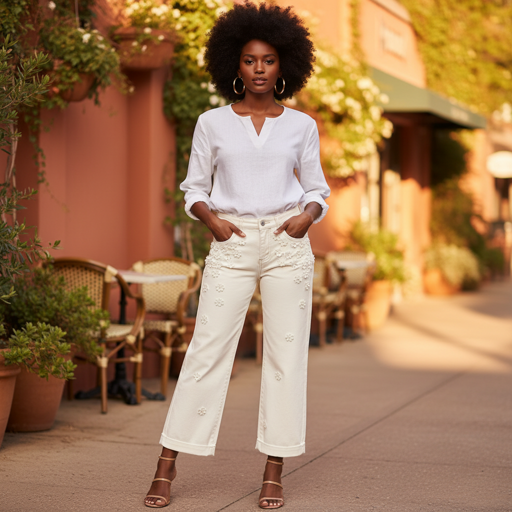 Women's cream wide-leg denim jeans 3D daisy appliqué relaxed fit styled café - BellanBlue