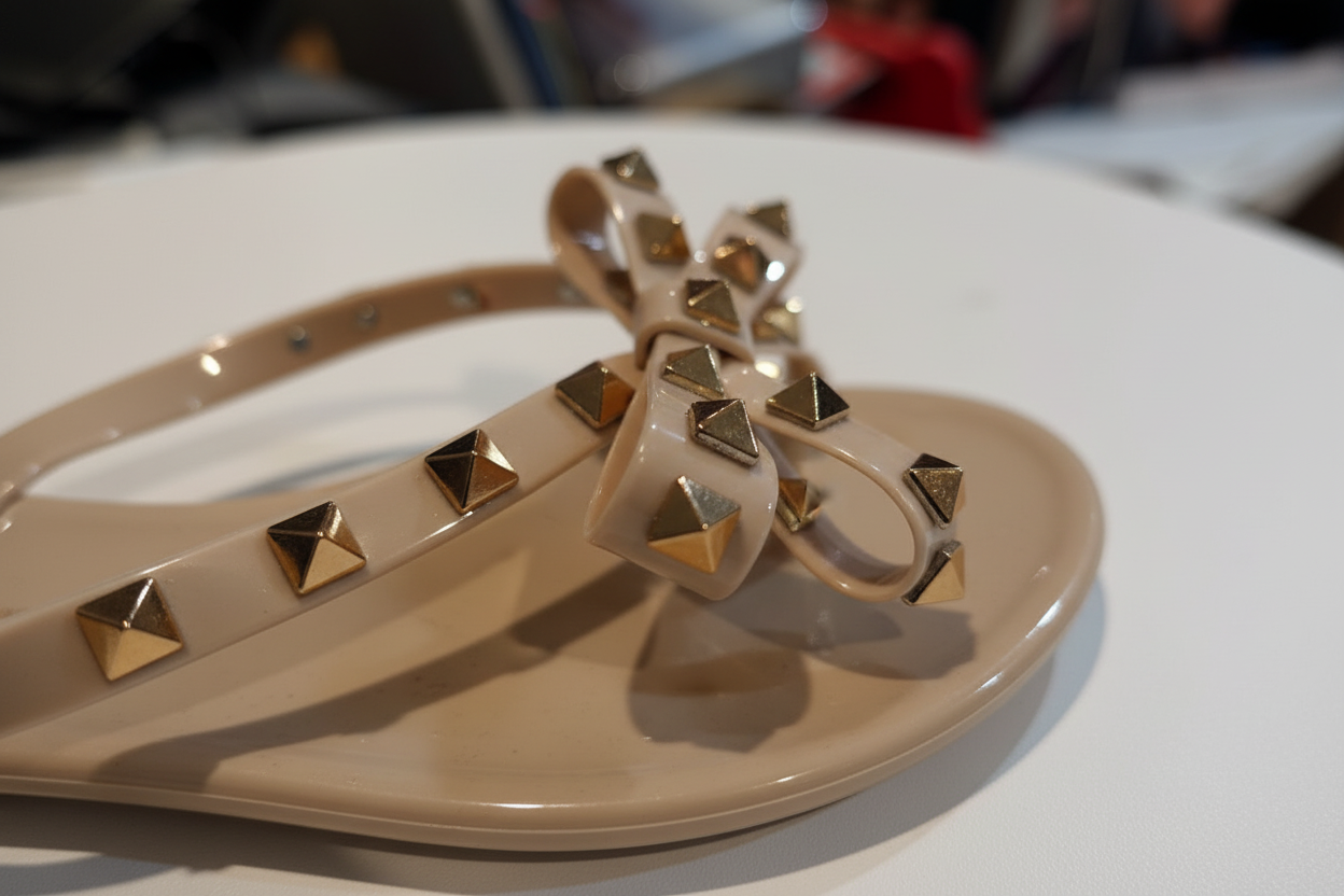 Close-up detail of gold studded bow embellishment on Wild Diva nude jelly sandals
