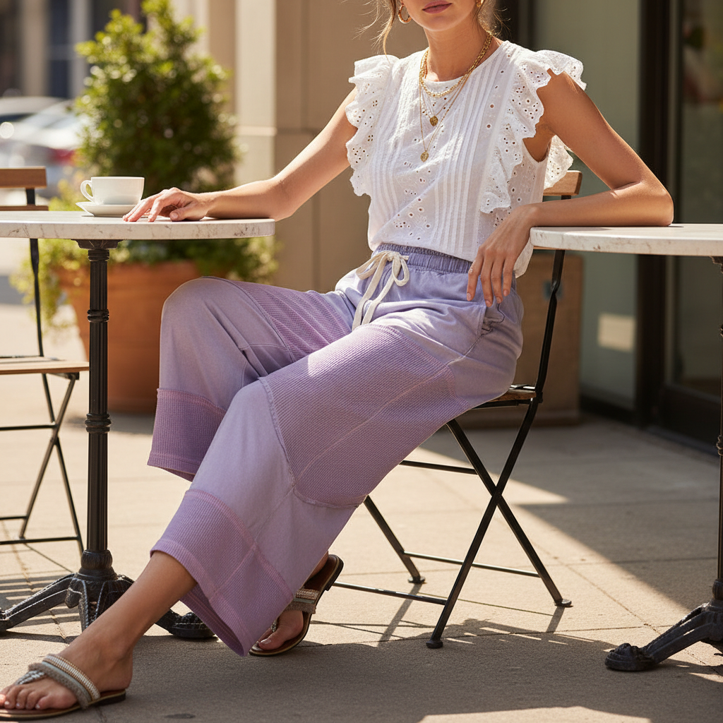 POL women's dusty lilac wide-leg pants with waffle-knit texture panels and ankle cuff, outdoor café brunch