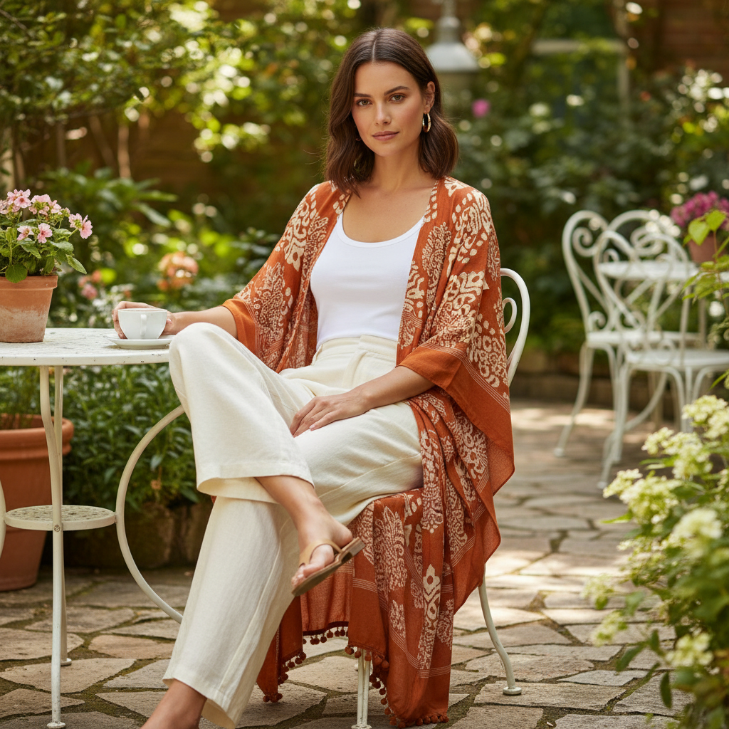 Urbanista rust damask print open-front kimono duster layered over linen pants, seated at a garden patio café