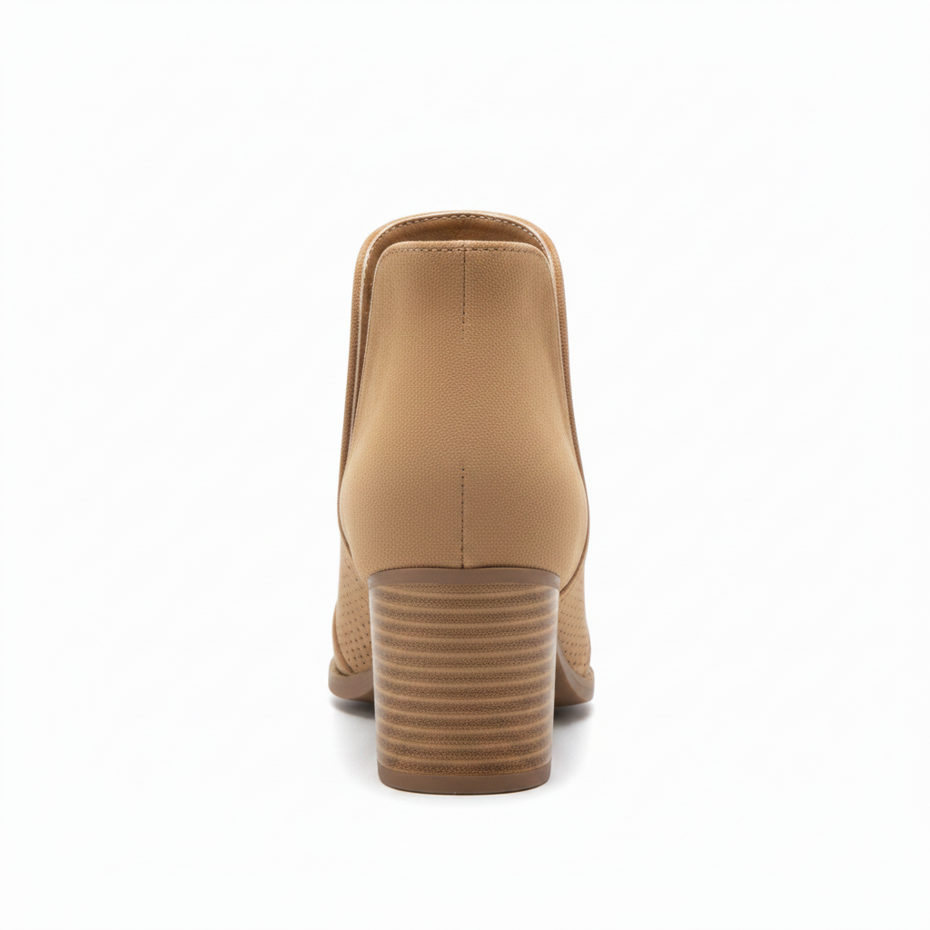 Back view of women's tan perforated suede peep toe bootie showing chunky stacked block heel and clean top edge