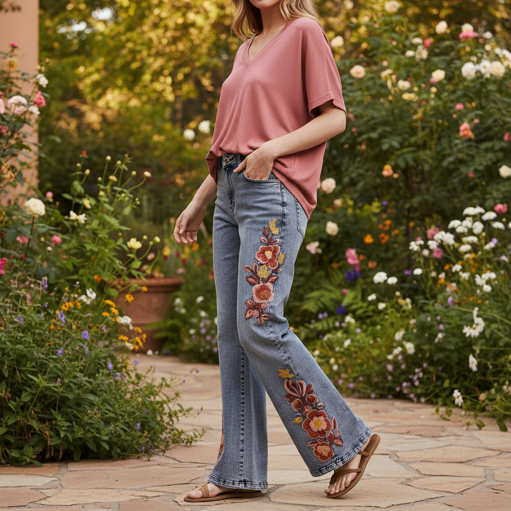 Bluevelvet women's floral embroidered denim wide-leg flare pants, walking garden patio lifestyle