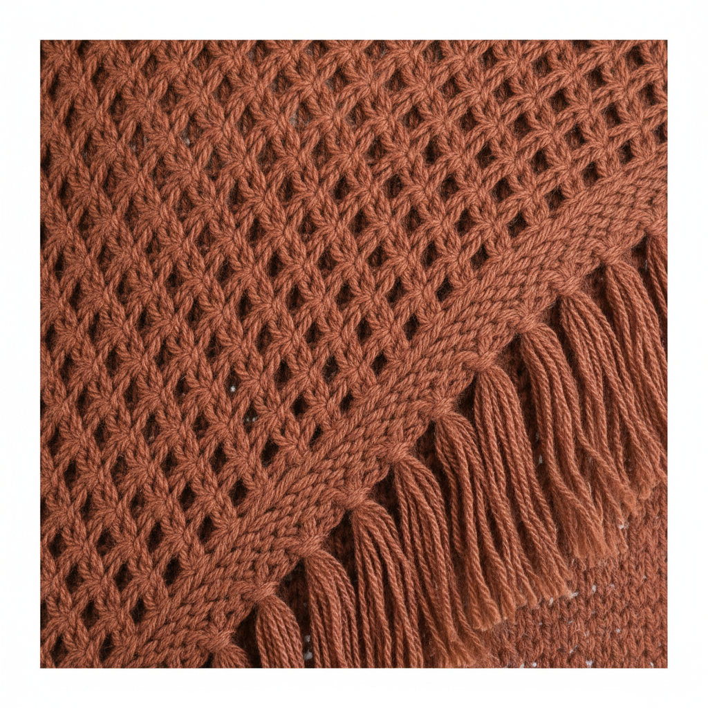 Women's brown ruana wrap close-up, ladder-stitch knit weave and frayed fringe trim texture detail