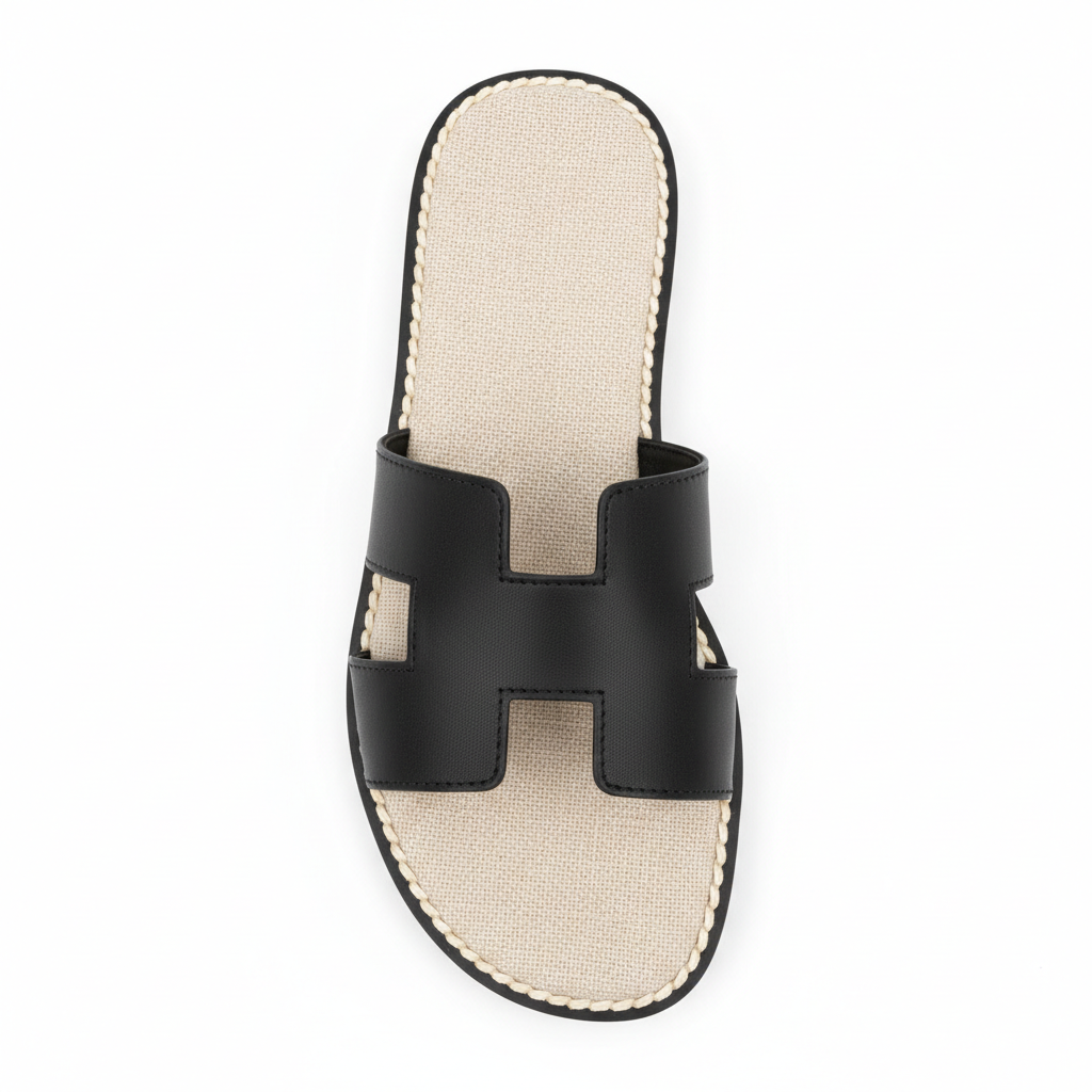 Black H-strap flat slide sandal, top-down view showing cutout upper and beige cushioned footbed, white background