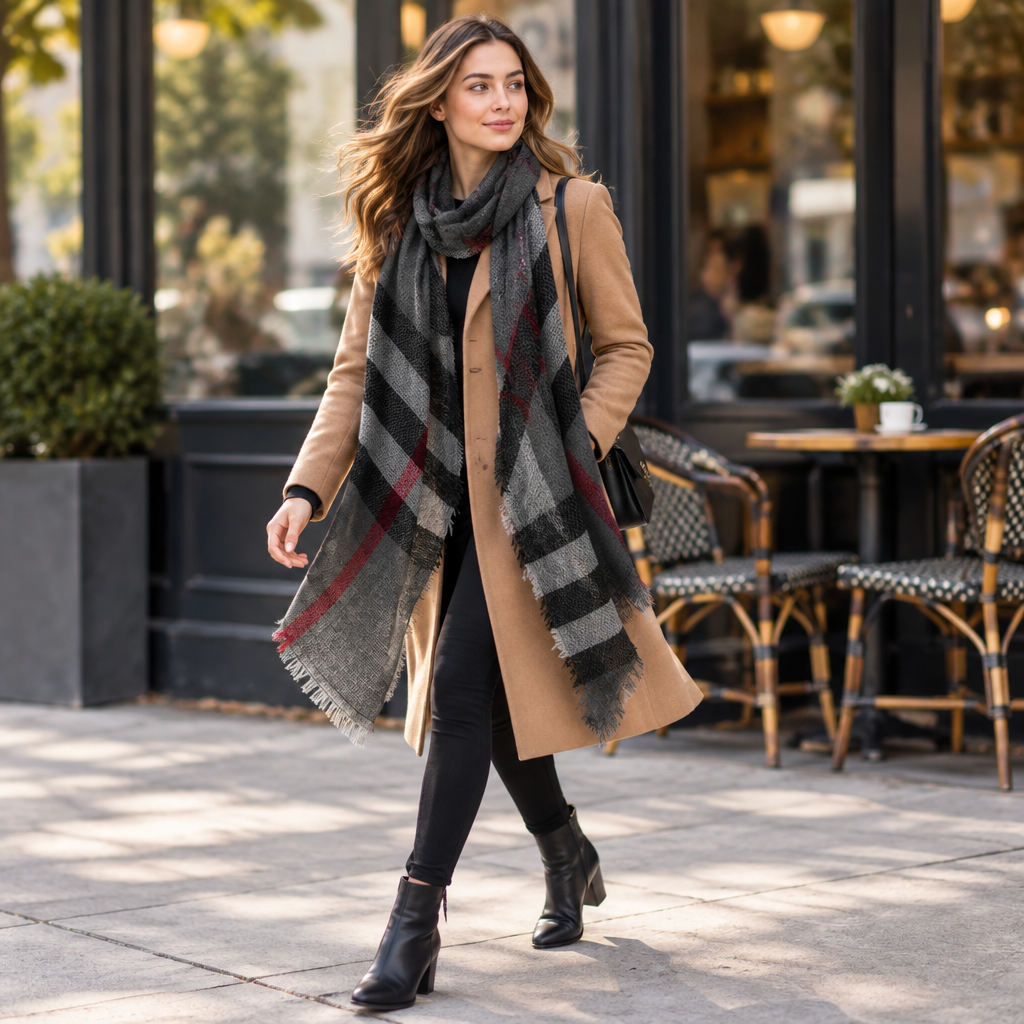 ILLord women's black and gray tartan scarf with red accents worn walking in camel coat