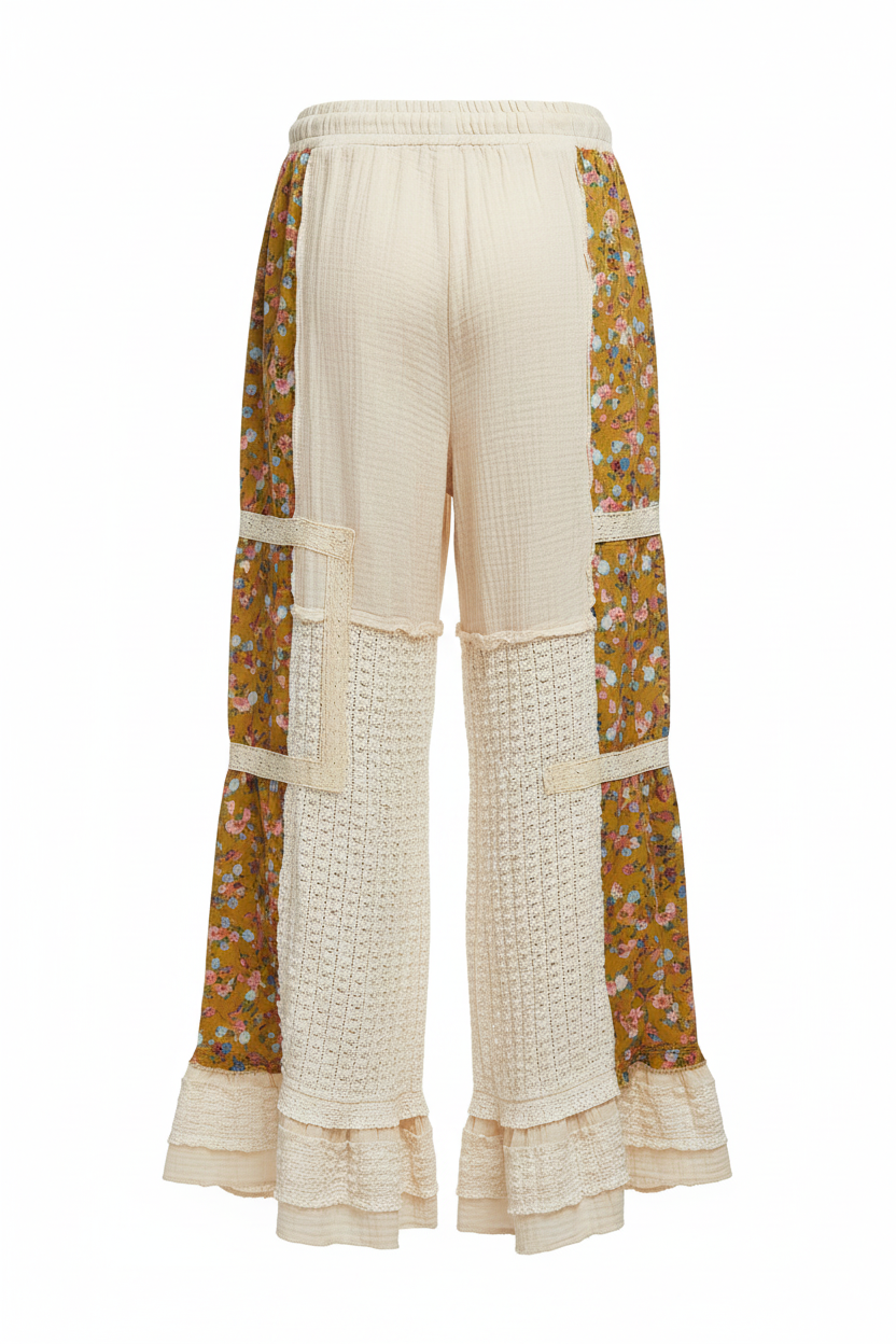 POL Wide Leg Double Gauze Pants with Lace Patch in Natural - back view ghost mannequin