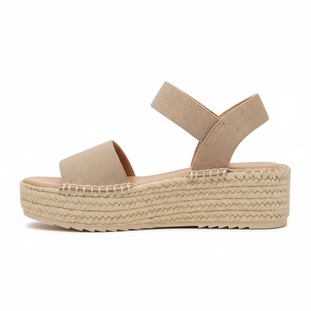 Side profile of taupe espadrille platform sandal showing jute platform height