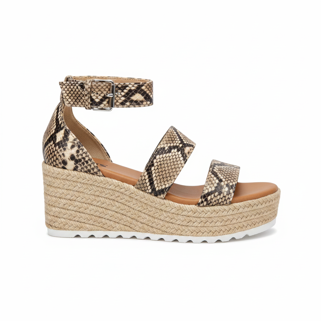 AMS EMMA-25 snake print espadrille wedge sandal, inner side profile showing silver ankle buckle, white background