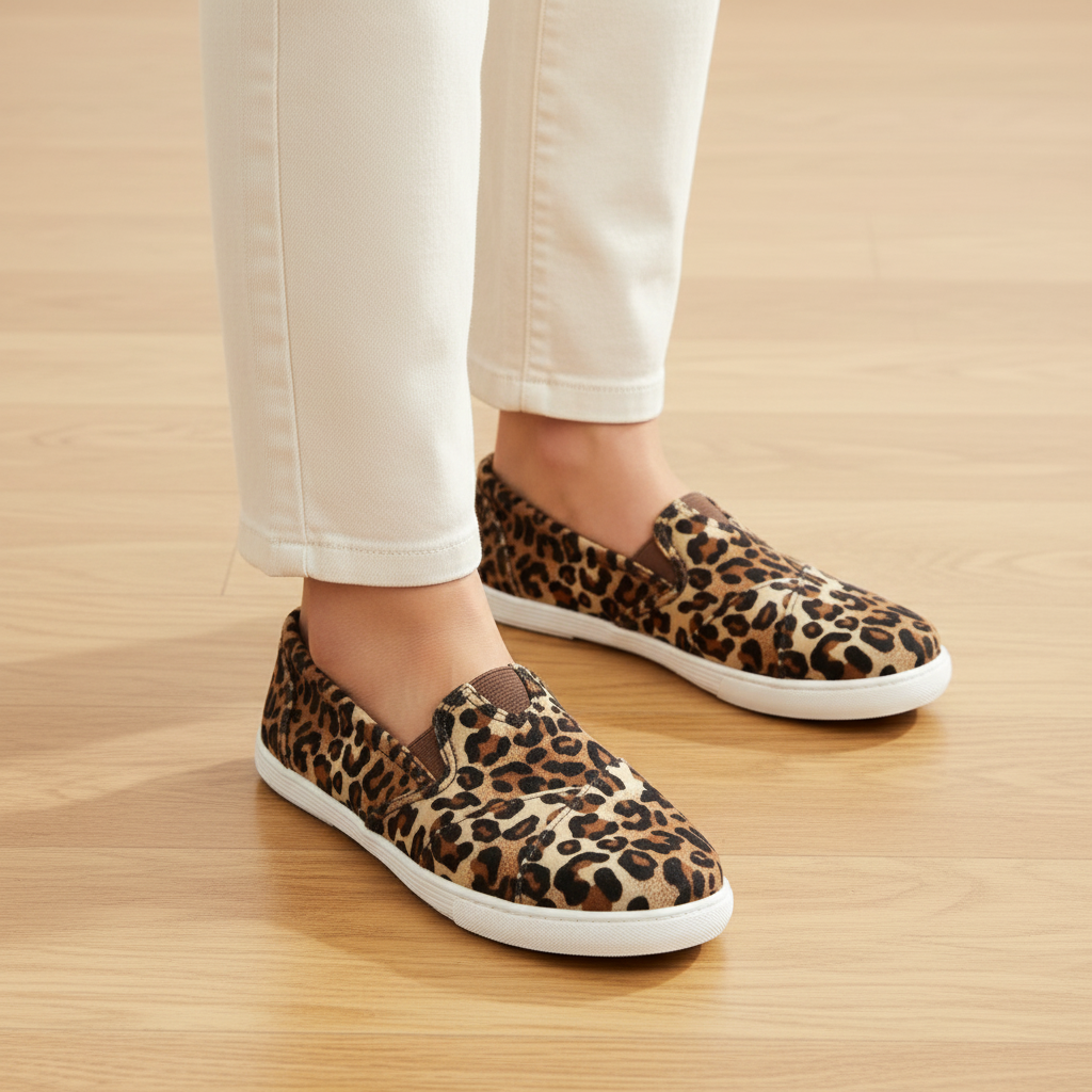 Women's leopard print canvas slip-on flat on warm wood floor showing rounded toe and flat white sole - BellanBlue