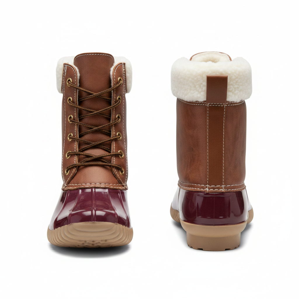 Women's bordeaux duck boot back view showing brown leather pull tab, back seam stitching, and white sherpa collar - Yoki