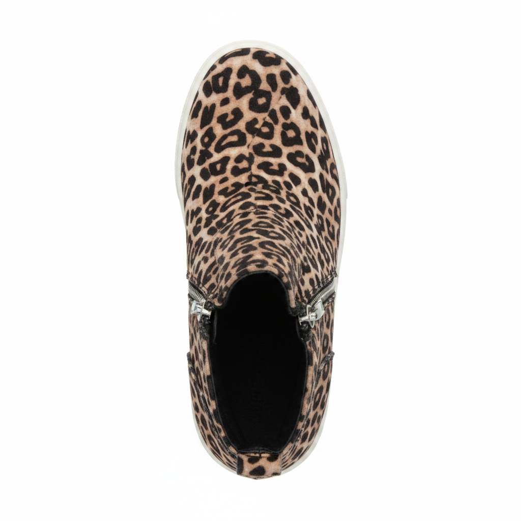 Women's leopard print high-top sneaker bootie top view, ankle opening, cheetah print suede-like upper