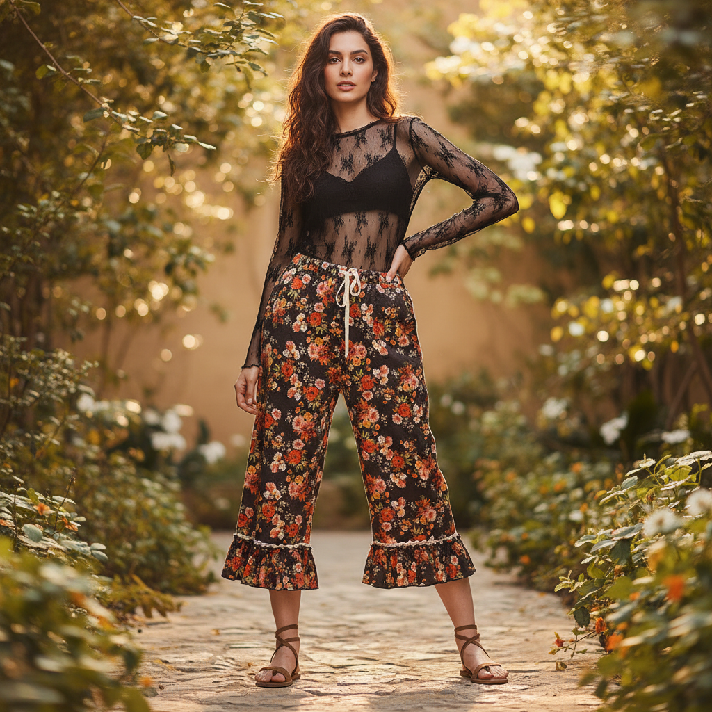 Women's dark brown vintage floral wide-leg capri pants, standing pose, romantic boho styling - BellanBlue