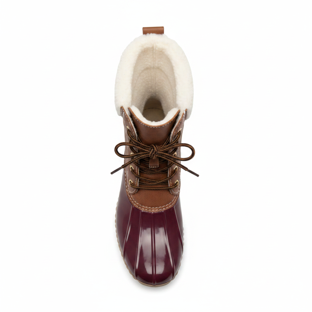 Women's bordeaux duck boot top-down view showing white sherpa collar opening and brown lace detail - Yoki