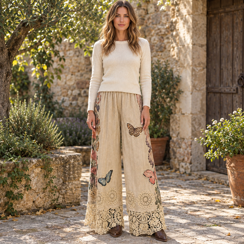 A Rare Bird Shop women's beige butterfly palazzo pants with crochet hems in a courtyard - BellanBlue
