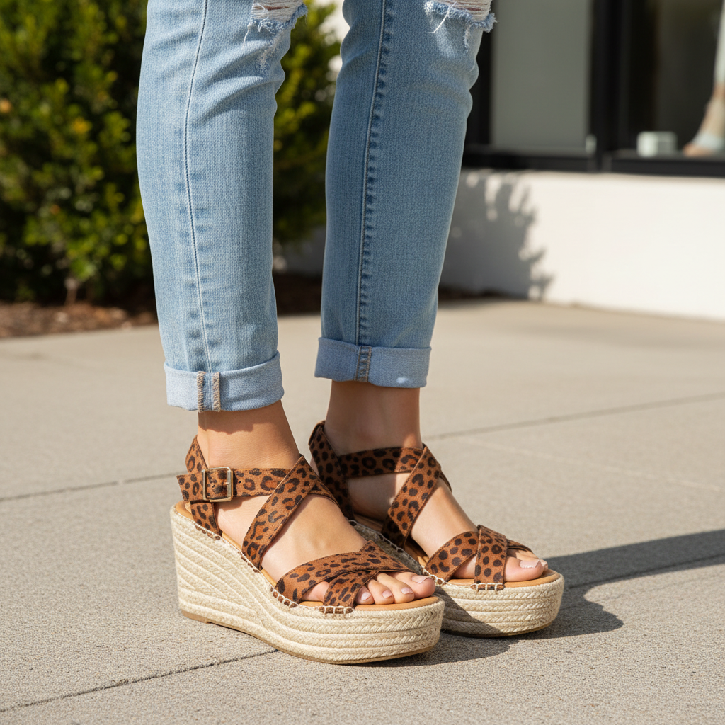 Woman standing wearing leopard print espadrille wedge sandals with light wash denim jeans on outdoor sidewalk, lifestyle close-up