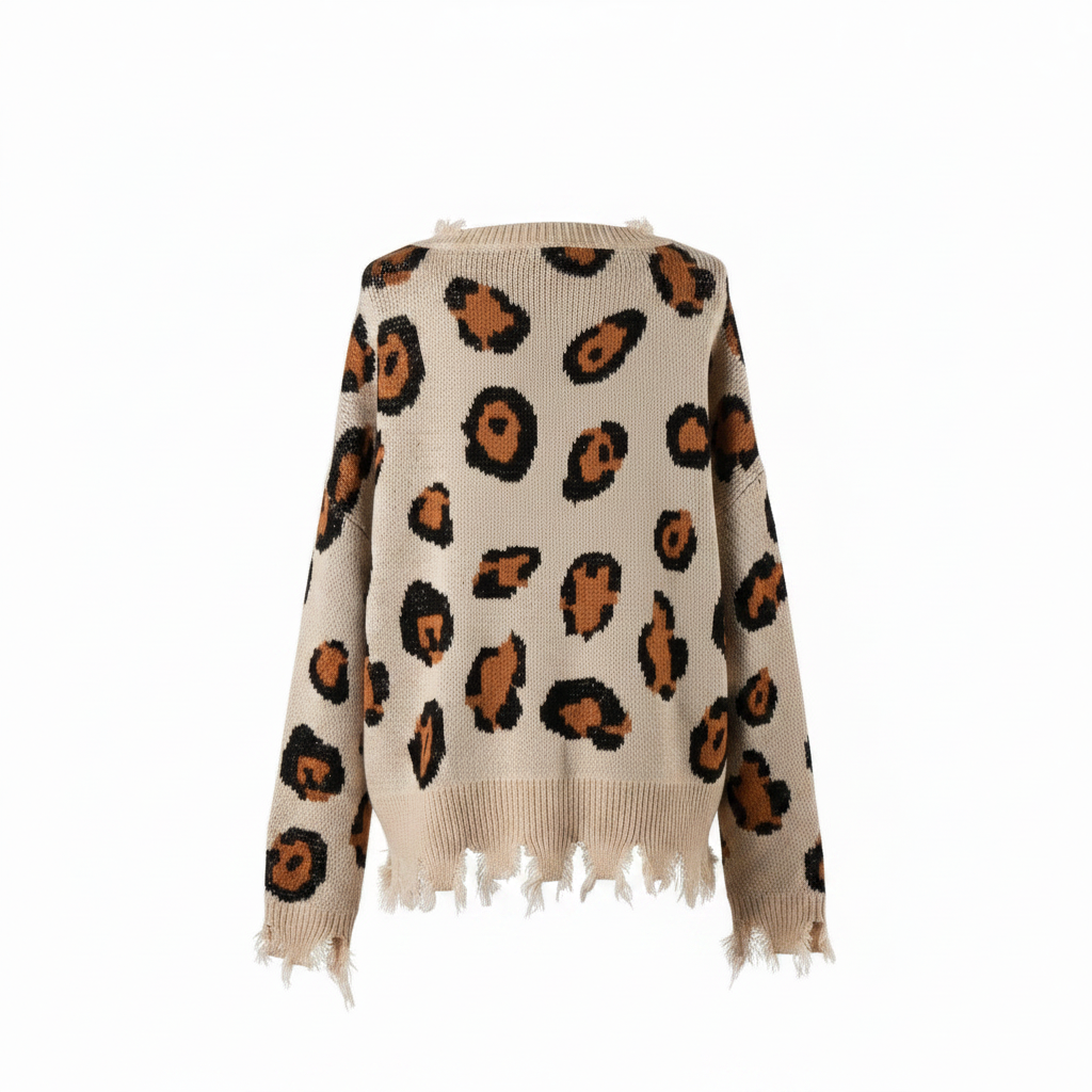 Women's ivory leopard spot knit sweater back view, ghost mannequin, distressed fringe hem, oversized fit