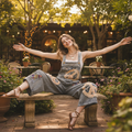 Bluevelvet women's peace patch denim overalls, colorful folk embroidery, barrel leg silhouette, seated editorial
