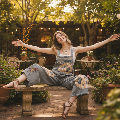 Bluevelvet women's peace patch denim overalls, colorful folk embroidery, barrel leg silhouette, seated editorial