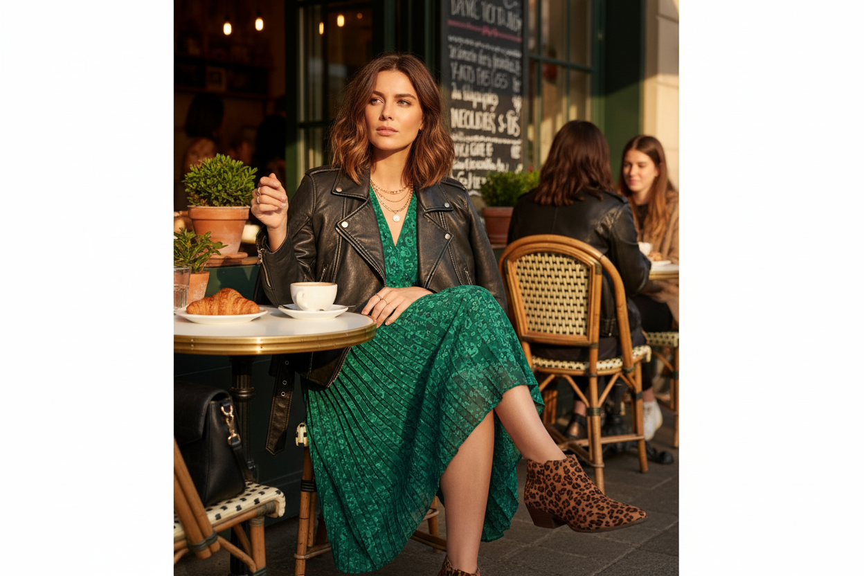 Leopard print booties styled with midi dress and leather jacket at outdoor cafe