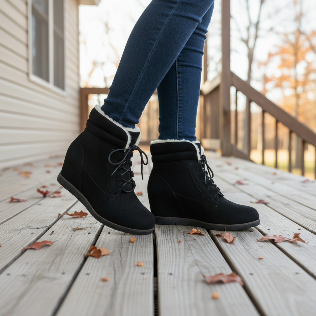 Close-up of black suede lace-up wedge ankle boots worn with dark jeans outdoors