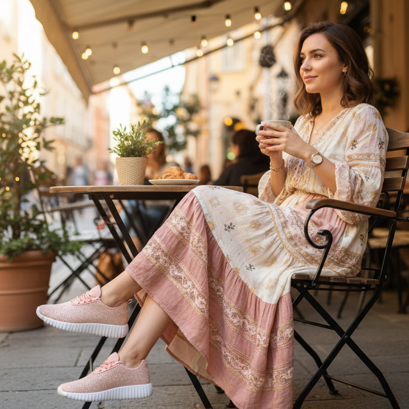 Woman sitting at an outdoor cafe, holding a cup, wearing a floral dress and pink sneakers.