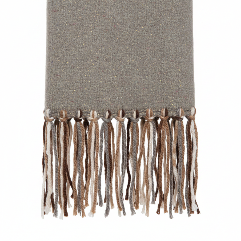 Women's gray speckled scarf wrap close-up, brushed knit texture and neutral cream tan fringe detail