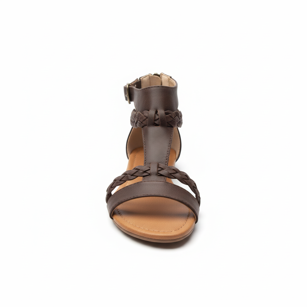 Brown braided gladiator sandal front view showing intricate braided leather straps and ankle buckle closure