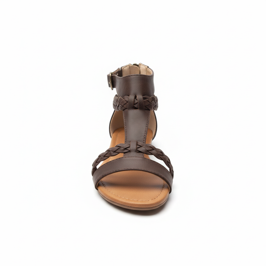 Brown braided gladiator sandal front view showing intricate braided leather straps and ankle buckle closure