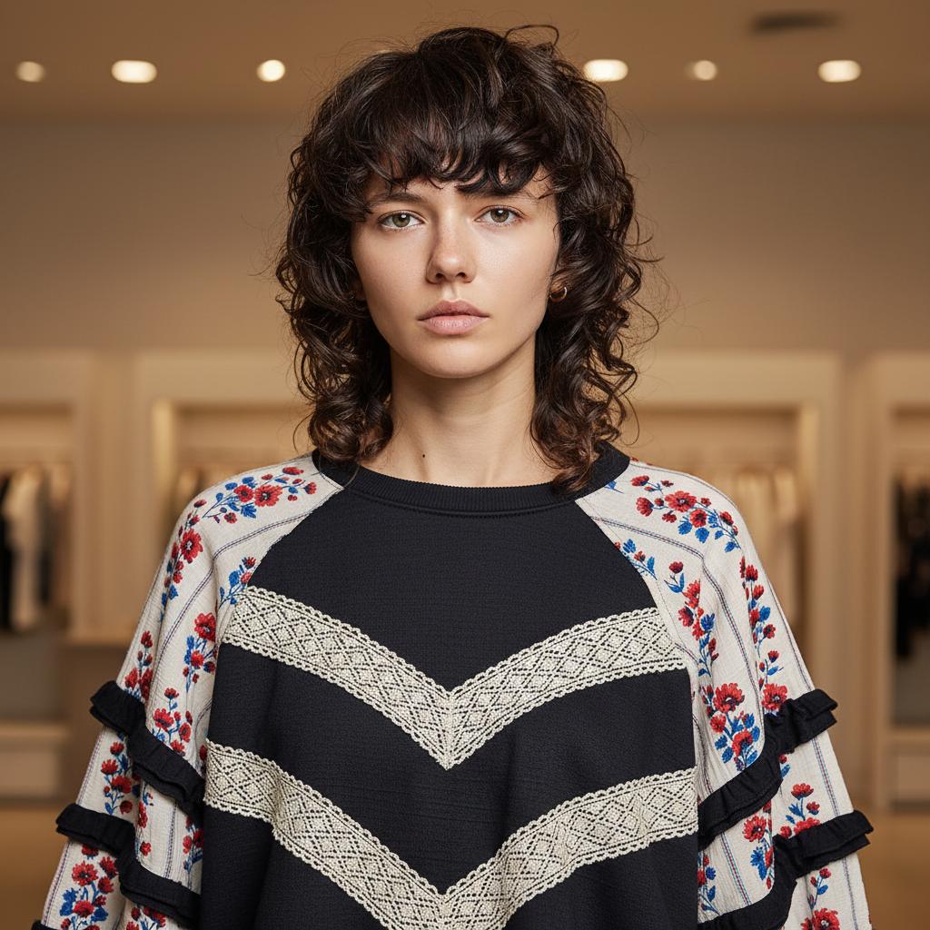 POL Clothing black knit top with cream chevron lace trim and floral ruffle sleeves, close-up detail