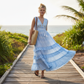 POL Clothing women's sky blue tiered ruffle maxi dress with embroidery, walking coastal garden lifestyle