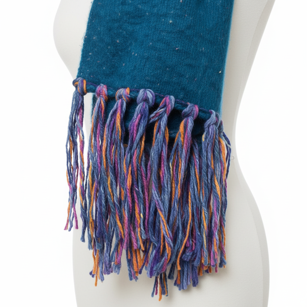 Women's cobalt speckled scarf wrap close-up, brushed knit texture and multicolor fringe trim detail