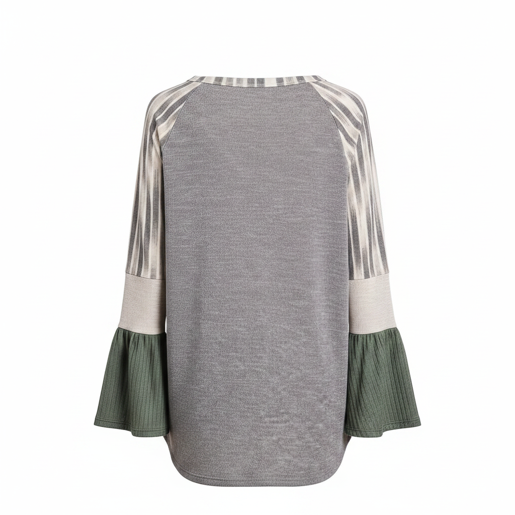 Women's grey mixed knit top back view, stripe sleeve detail, wide olive ribbed bell cuffs, oversized relaxed fit