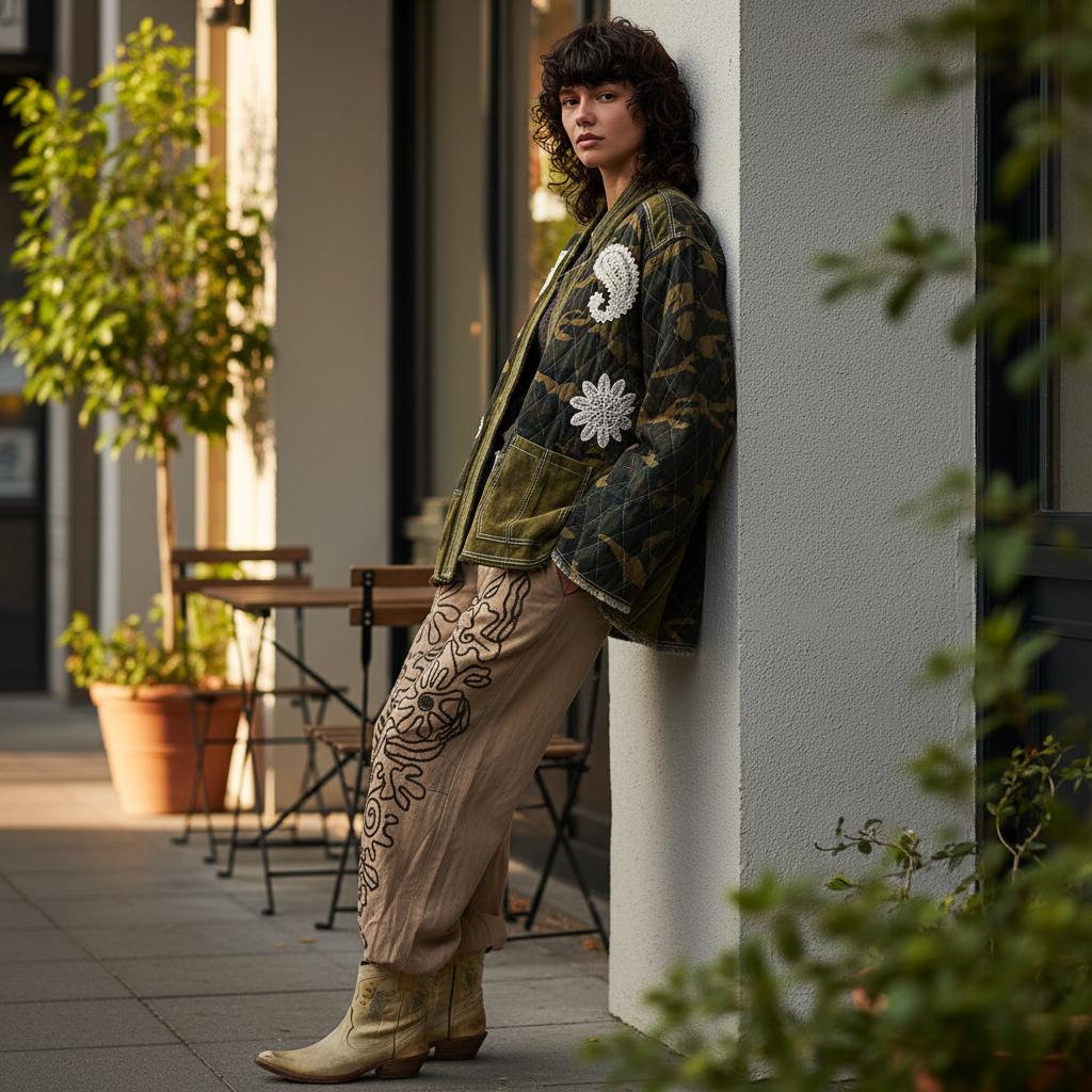 POL Clothing olive camo open-front quilted jacket with paisley lace patches, seated café exterior, casual weekend