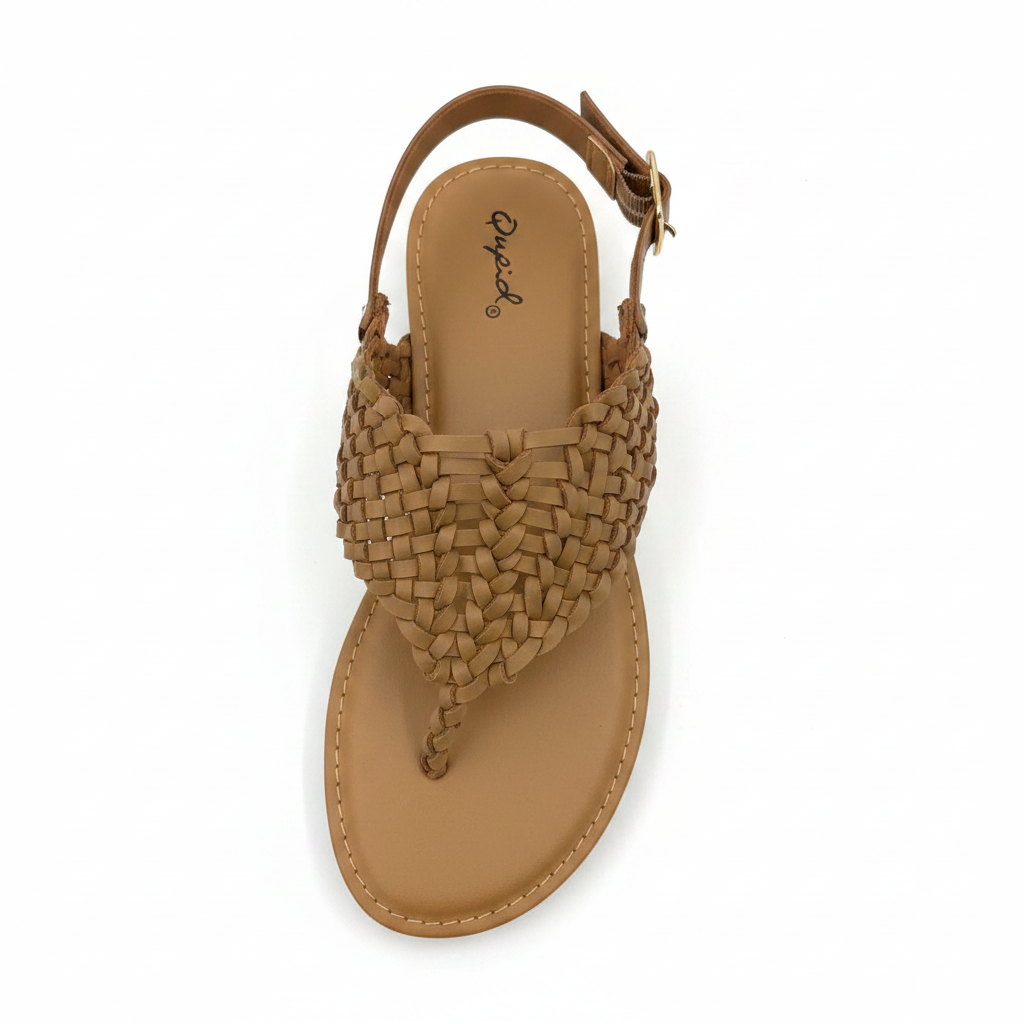 Qupid tan woven braided thong sandal top view showing chunky braid upper and tan footbed