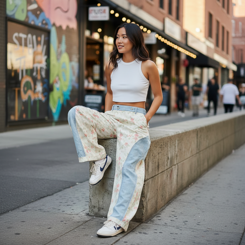 Floral rose and denim patchwork barrel pants styled casually seated in trendy neighborhood