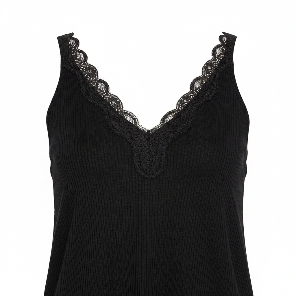 Women's POL black ribbed knit tank top scalloped lace neckline trim close-up detail white background