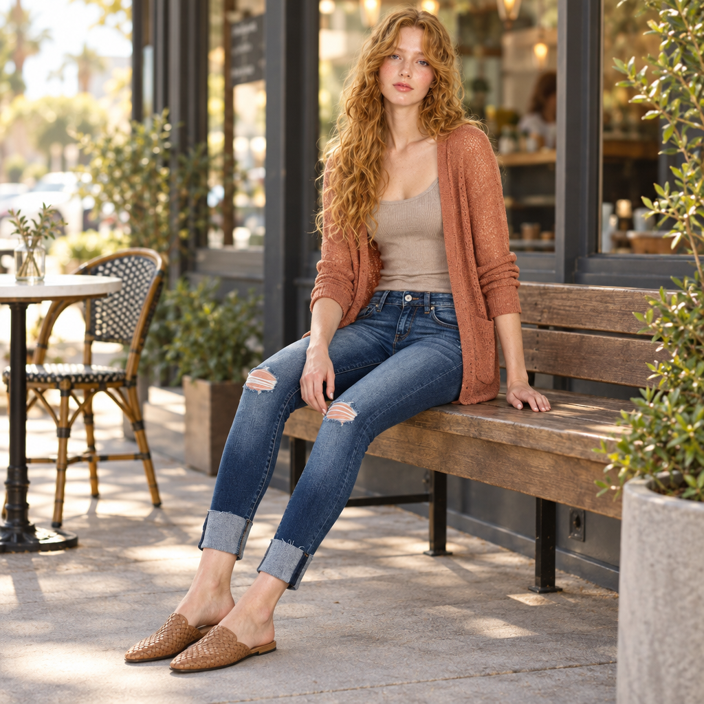 KanCan women's dark wash distressed skinny jeans with wide cuffs, seated on an outdoor cafe bench