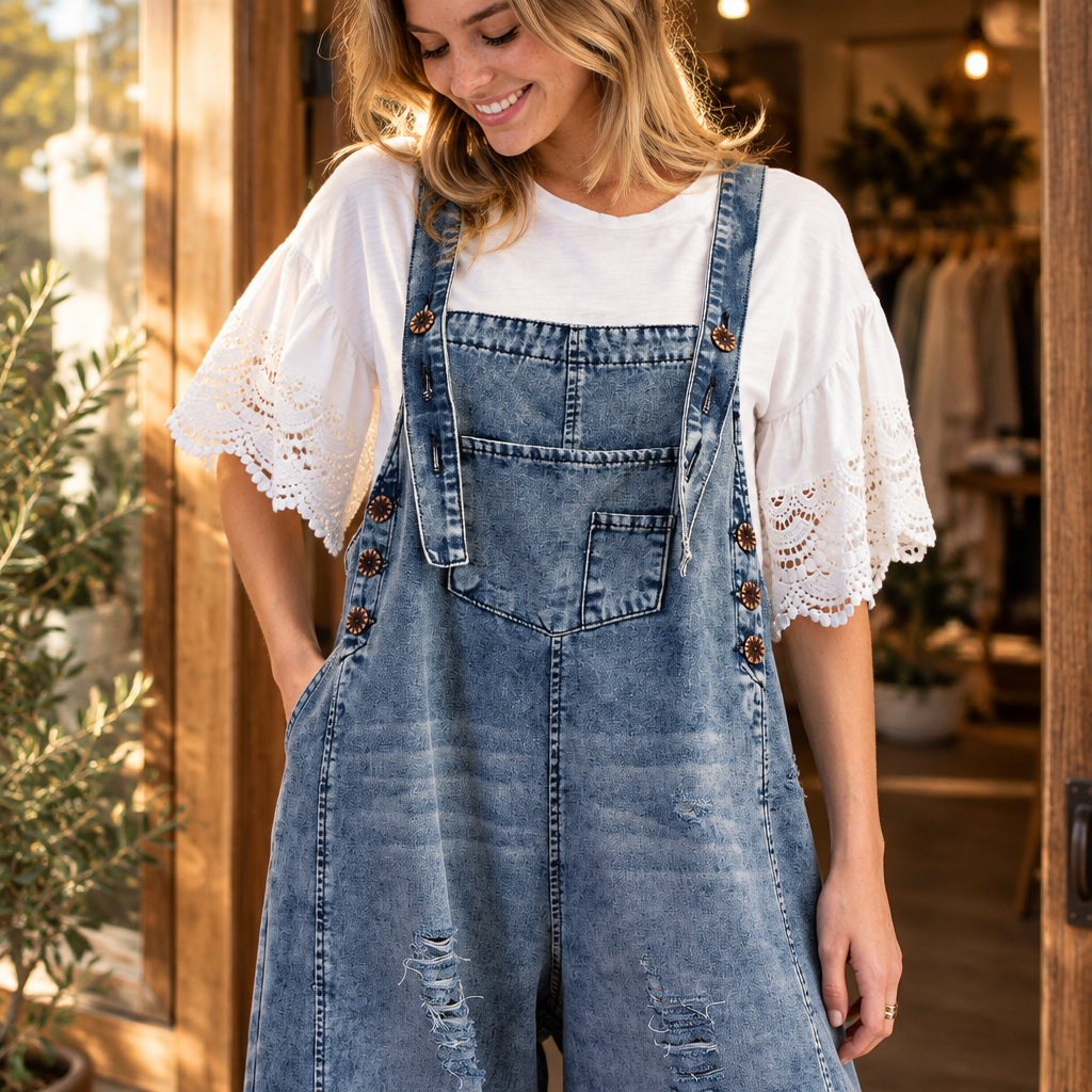 Easel Clothing denim overalls close-up of bib pocket, shoulder straps and side buttons