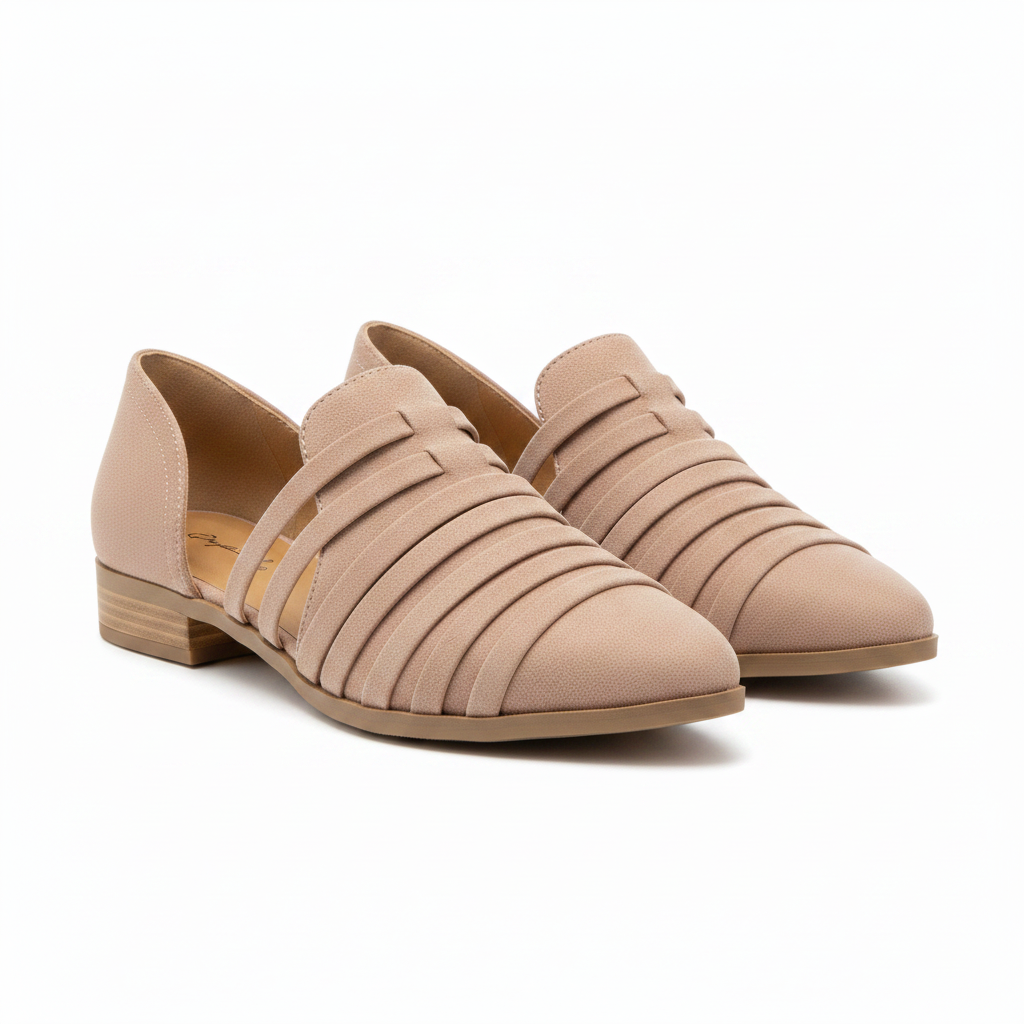 Qupid stone cage strap d'Orsay flat pair, front three-quarter studio view, cut-out straps and block heel - BellanBlue

