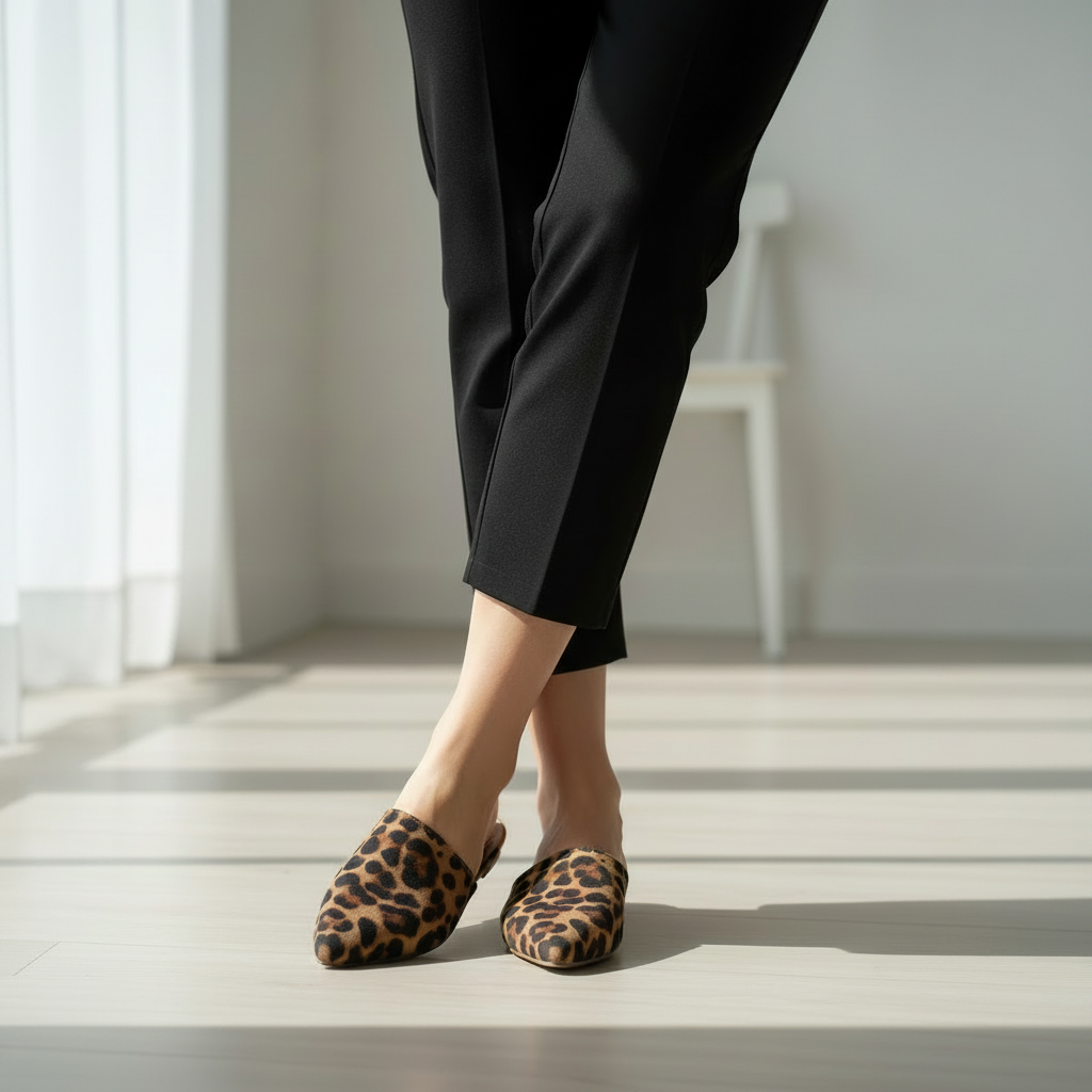 Woman standing on hardwood floor wearing Bella Marie leopard print pointed toe mule slides with dark slim trousers, both shoes visible