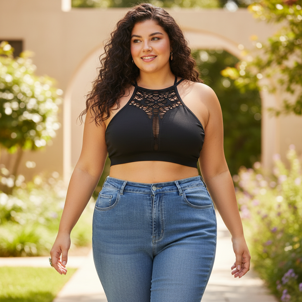 Women's black strappy halter bralette in motion outdoors, crochet lace front, stretch fitted crop style
