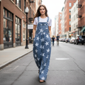 Women's blue denim star print relaxed wide-leg overalls styled for a casual city day - BellanBlue